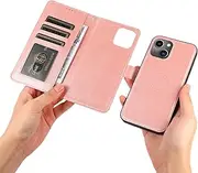 [GoshukunTech] for iPhone 13 Case,for iPhone 13 Phone Cover[2 in 1 Wallet Leather Case] Detachable Magnetic Flip Cover with Card Slots,Wrist Strap-Pink