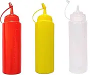 3 Pcs Condiment Squeeze Bottles,300ml Sauce Bottles with Twist on Caps and Measurement,Leakproof Reusable Plastic Squeeze Squirt Bottle for Ketchup,BBQ,Sauces,Syrup,Condiments,Dressings