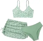 [SEAUR] Girls' 3-Piece Bikini Set, Triangle Bikini, Padded Girls' Swimsuit Skirt, Green, 10-11 Years