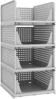 4 Pack Folding Closet Organizers Storage Box, Stackable Plastic Drawer Basket fo