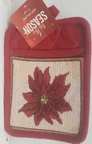 Fabric Tapestry Jumbo Pot Holder (7" x 9") CHRISTMAS POINSETTIA FLOWER, red, HC
