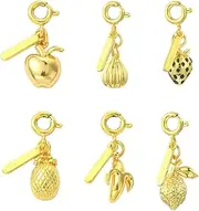 [Ornazy] 6Pcs Mixed Golden Colour Fruit with Clasps Elegant Brass Apple Banana Fruit Charms for Jewellery Making Crafts