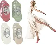 [Duluok] 4 Pairs of Women's Yoga Socks, Pilates Non-Slip Socks, Cotton Sports Socks with Elastic Cross Straps for Pilates, Ballet, Yoga, Dance, Size EU 35-39, White/Khaki/Light Green/Burgundy, White Light