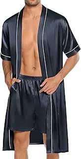 [SWOMOG] Mens Silk Satin Robe with Shorts Set 2PCS Short Sleeve Kimono Bathrobe Soft Sleepwear Pjs Sets with Pockets