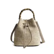 Womens Bucket Drawstring Handbag Straw Crossbody Bags With Bamboo Handle-Khaki