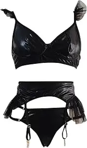 [Satohom] Women's Sexy Patent Leather Tulle Lingerie Set of 3 with PVC Push Up Bra Thong and Adjustable High Waist Garter Belt Suspenders Deep V-Neck Lingerie Backless Erotic Set S-XL, Black