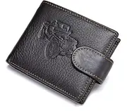 Men's Leather Wallet, RFID Blocking Wallet, Men's Standing Wallet with 9 Card Slots, 2 Bill Slots, Button Closure,Black