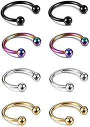 YZstyle 8PCS Stainless Steel 6-10mm Horseshoe 16G Lip Nose Ring Set Body Piercing Cartilage Helix Tragus Earrings for Women Men (Black/Silver/Gold/Rainbow) (10mm SetE054)