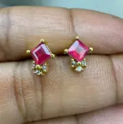 Natural Ruby And Diamond 18k Gold Stud Earrings ,Ruby And Diamond Stud Earrings,