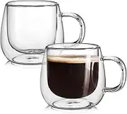10oz(300ml) Glass Coffee Mugs Set of 2, Double Wall Insulated Glass Cups with Handle, Clear Espresso Mugs for Latte, Cappuccino, Tea Bag