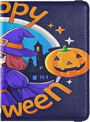 [Amooorous] Happy Halloween Cartoon Cute Witch Leather decorative Passport Holder Cover Travel Documents Organizer Protector Passport Wallet Ultra Slim, Happy Halloween cartoon cute witch, 1 size