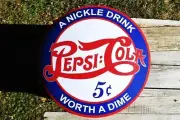 Pepsi-Cola Domed Tin Sign - A Nickel Drink Worth a Dime - 5¢ - Pepsi - 1906 Logo