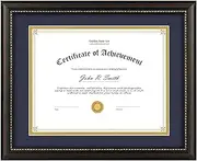 Golden State Art, 8.5x11 Diploma Frame, Solid Wood Brown with Gold Trim Certificate Frame, 8.5x11 or 11x14 Diploma Without Mat, Real Glass Front with Navy Over Gold Double Mat -1 Pack