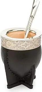 THEARG Set Imperial Mate Cup and Stainless Straw whit Parrot Beak, Easy Cleaning and Reusable, Handmade from Leather, Precise Terminations and Seamless Stitches, 4 Leg Base - Black