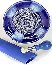 BonCera, All-in-one 4pcs Premium Ceramic Garlic Grater Set - Hand-Made, Blue Glazed Design Grater Plate w/Garlic Peeler, Gathering Brush, Display Stand, It's Also Grating Turmeric, Ginger, and More,