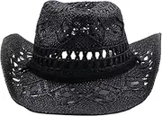 [Generic] Cowboy Hats for Women Classic Straw Cowgirl Beach Hat Music Festival Party Adult Sun Straw Western Cowboy Hats, F-black, One Size, F-black, One Size
