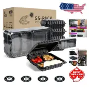 Reusable 3-Compartment Clamshell Containers - 55 Pack Freezer & Microwave Safe