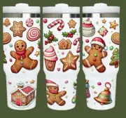 Christmas Tumbler Gingerbread 40 Oz Stainless Straw Handle Insulated Double Wall