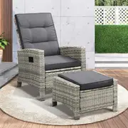 Livsip Outdoor Rattan Recliner Chair Ottoman Set Wicker lounge Patio Furniture Grey