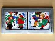 Jasco 1982 Vintage Christmas Ceramic Tile Trivets Snowman Kids Skating in Box