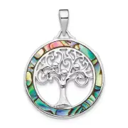 Sterling Silver Rhodium-plated Abalone Circle with Tree of Life Pendant