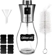 Piufryasc Olive Oil Sprayer for Cooking, Refillable Stainless Steel Oil Dispenser with Brush, Mini Funnel, Labels, Vinegar Glass Spray Bottle for BBQ, Salad, Baking, Grilling, Roasting, Frying