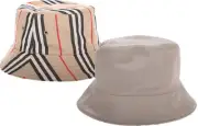 NEW BURBERRY BEIGE ICON CHECK COTTON STRIPE LOGO REVERSIBLE BUCKET HAT XL UNISEX