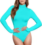 [Caihoyu] Solid Color Pure Cyan Plain Aqua long sleeve Tank Top Bodysuits for Women Shapewear Tops for Women Going Out Tops for Women Mock Turtle Neck, Color 3