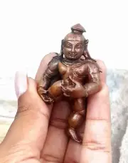 Copper Handmade Bal Krishna Sucking his Toe Statue Rich Patina Antique Finish