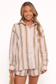 [PUP14] Dean Long Sleeve Short Set - Beige Stripe XS Beige