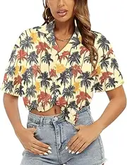 [Generic] Women's Short Sleeve T Shirt, Comfy Button Down T-Shirt,Soft Beach Summer Tops Blouses, Retro Tropic Parade-33