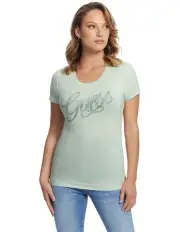 Short Sleeve Round Neck Guess Script Tee in Misty Teal