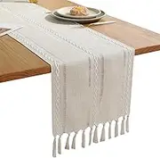 Beige Table Runner,Table Runners 90 Inches Long, Braided Striped Dining Table Runner with Tassels, Beige Table Runner, Boho Table Runners for Dining Table Reading Dresser