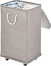 mDesign Large Polyester Rolling Laundry Hamper with Wheels, Removable Lid, and Rope Carrying Handles - Collapsible Hampers with Wheels for Compact Storage - Tall Single Compartment Basket - Taupe