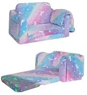 Kids Couch Fold Out, Flip Out Sofa Chair with Blanket, Glowing Rainbow