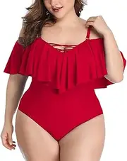[GDYJP] Plus Size One Piece Swimsuits for Women Off Shoulder Flounce Bathing Suits Ruffle Tummy Control Swim Suits (Color : Red, Size : 3X-Large)