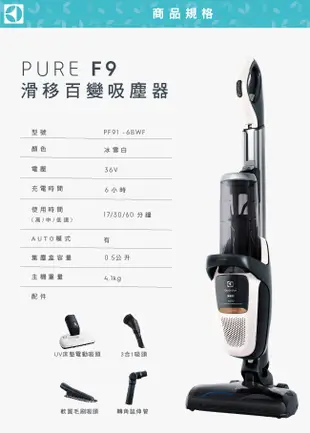 【Electrolux 伊萊克斯】Pure F9 滑移百變吸塵器 冰雪白 PF91-6BWF (5折)