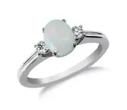 Voss+Agin Genuine Opal and Diamond 3 Stone Ring in 14K White Gold