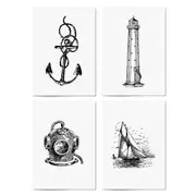 Set of 4 Nautical Drawings Coastal Style Wall Art