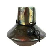 Raku Pottery Dot Turman Studio Art Piece Green Bronze Squat Jar Rawhide & Beads