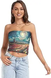 [RPLIFE] Vibrant Tulip Field Moonlight Summer Tops, Strapless Top for Women, Sheer Tube Tops, Trendy Crop Tops (S)