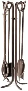 Plow & Hearth 5 Piece Hand Forged Iron Fireplace Tool Set with Poker | Tongs | Shovel | Broom | Stand | 7-in Diam. x 27.5 H | Bronze