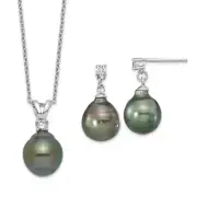 Solid Sterl Silver Black Cultured Pearl CZ Necklace Post Dangle Earrings Set 17"