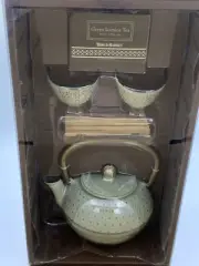 World Market Cast Iron Teapot Set Cast Iron Cups Wooden Trivet Gift Set - NEW
