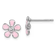 Sterling Silver Madi K Rhodium-Plated Polished Pink Enamel & Crystal Flower Children'S Post Earrings