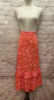 Talbots Skirt Women 2X Tiered Ruffle Pull On MIDI Floral Coral Crepe Viscose NEW