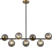 KCO Lighting Black and Gold Linear Kitchen Pendant Lighting Mid Century Modern Chandelier 7-Light Smoke Glass Globe Round Chandelier Vintage Long Dining Room