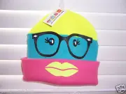 Girl's OSFM Reversible Beanie Hat Has 4 Different Faces Nerd Glasses Kissy Lip