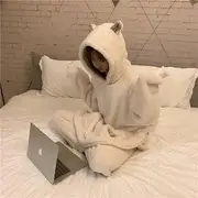 Pajama Set: Fluffy Bear Hoodie + Pants White - One Size