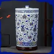 Chinese Ceramic Rice Bucket For Kitchen/Pantry, Large Rice Storage Jar Ceramic With Airtight Lid, Porcelain Food Dispenser For Grain, Flour, Dry(9KG/20LBS)